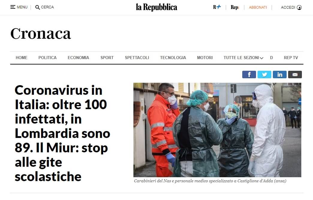 【疫情更新】截止2月23号10时，意大利累计确诊112例新冠肺炎患者，死亡2例，封城11座！