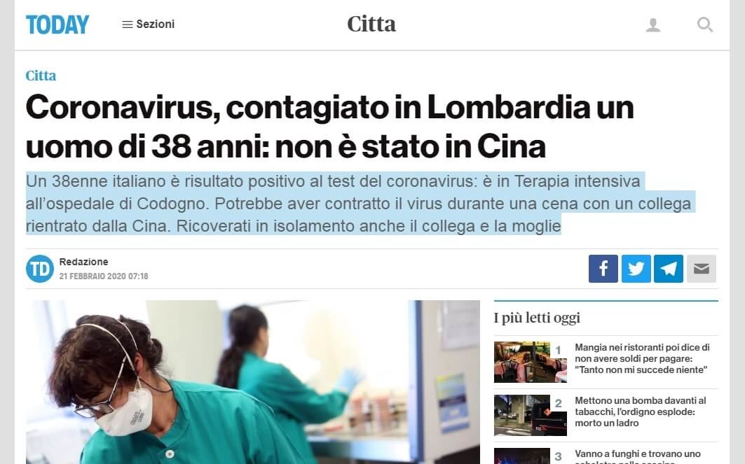 米兰边一38岁意大利男子确诊感染新冠病毒！妻子和朋友也确诊感染！